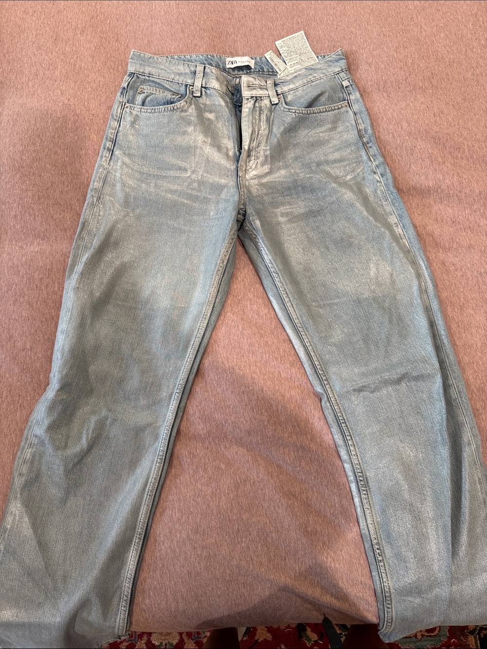 Zara Womens Metallic Light Blue Straight Jeans